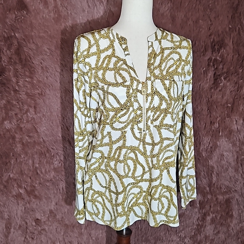 MICHAEL KORS Gold Chain Long Sleeve V-Neck Half Zip - Picture 1 of 7